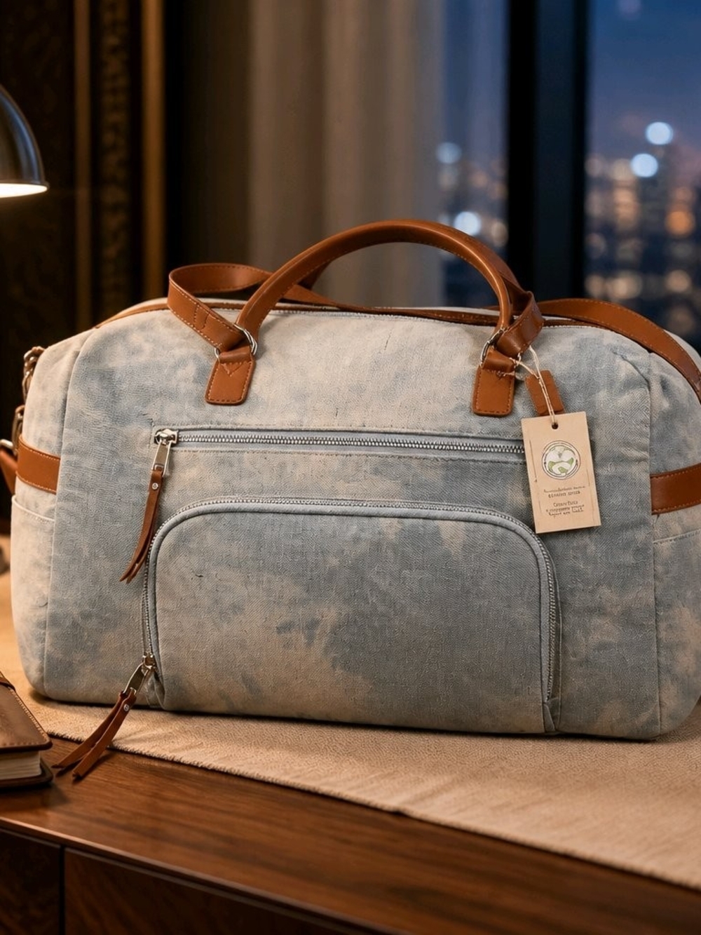No Boundaries Light Blue Canvas Weekender with Brown Trim